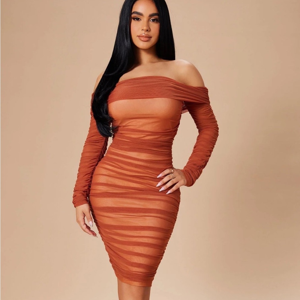 Fashion Nova Ready In A Ruched Off Shoulder Midi Dress - Rust/Nude